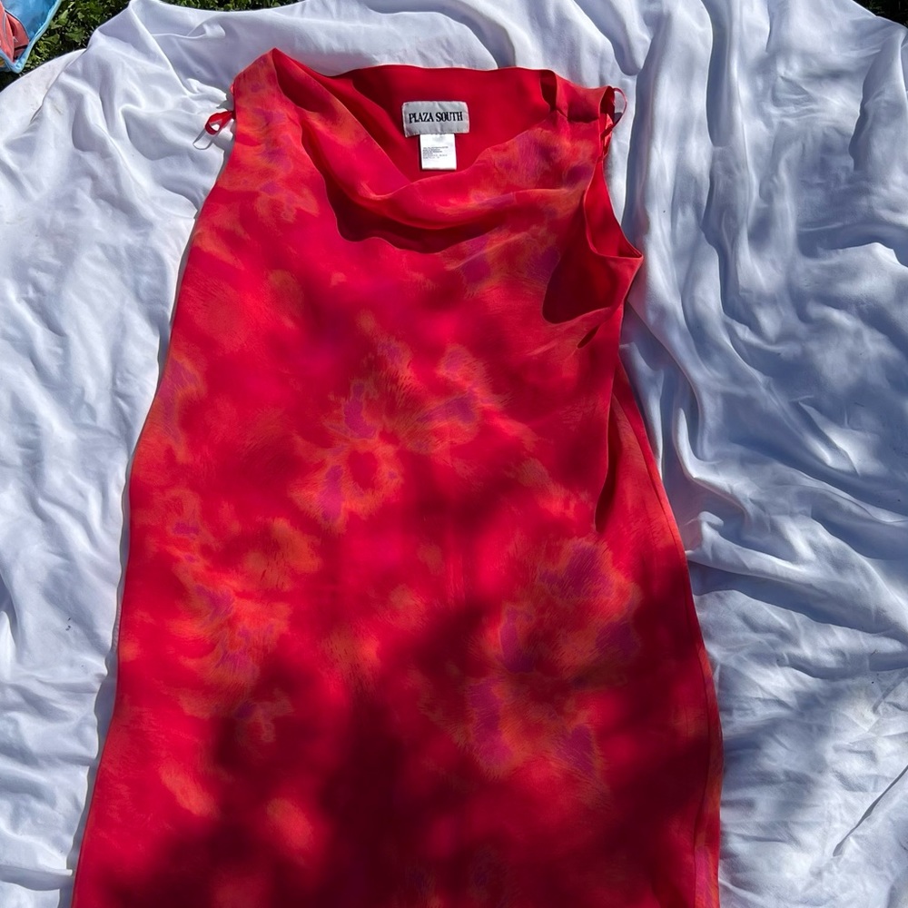 Plaza south draped red dress with swooped neckline